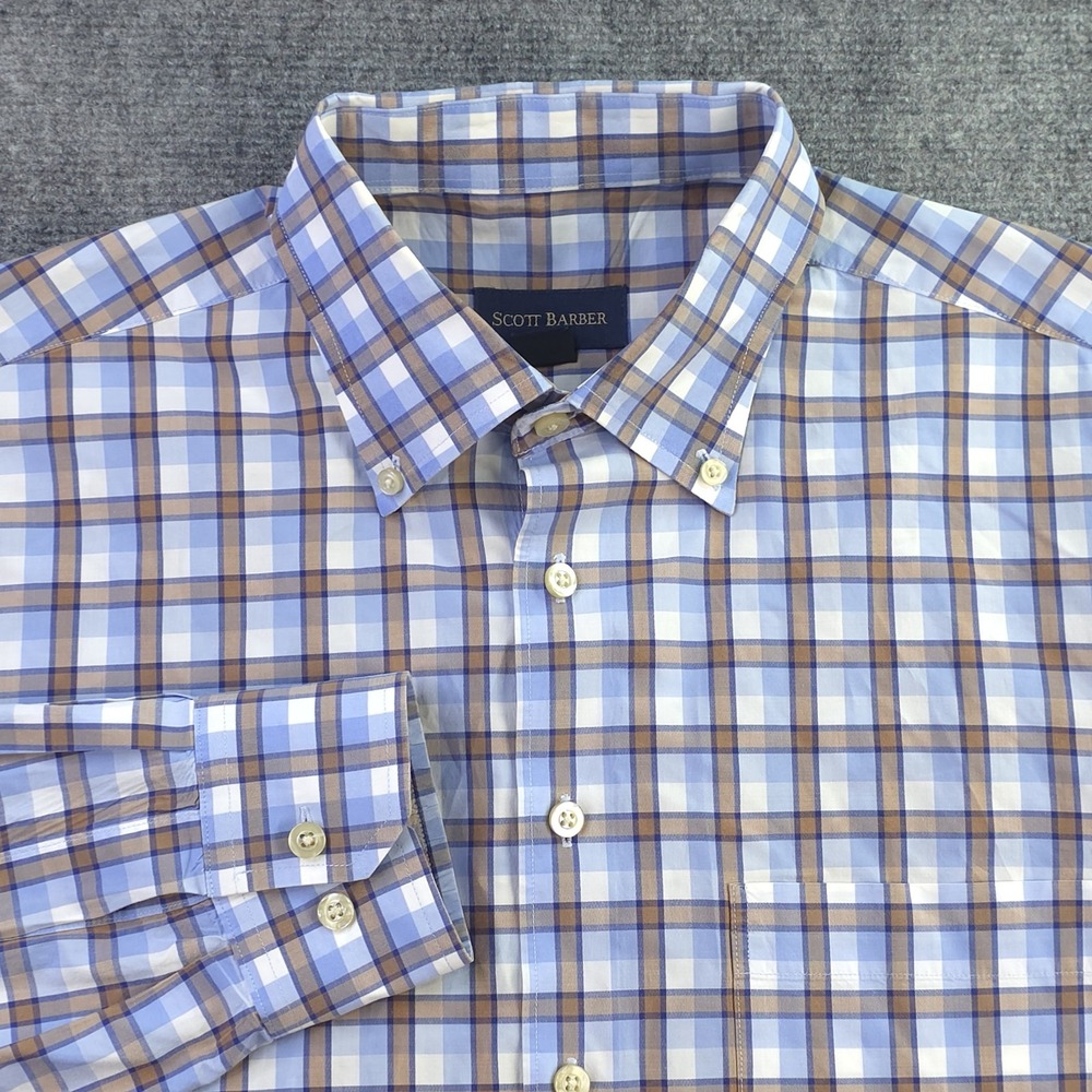 Scott Barber Shirt Large Blue Brown Check Long Sleeve‎ Button Down Cotton Pocket